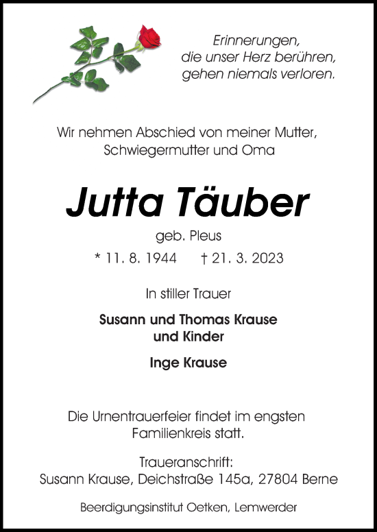 Traueranzeige von Jutta Täuber von DK Medien GmbH & Co. KG