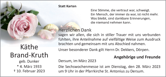 Traueranzeige von Käthe Brand-Kruth von Neue Osnabrücker Zeitung GmbH & Co. KG