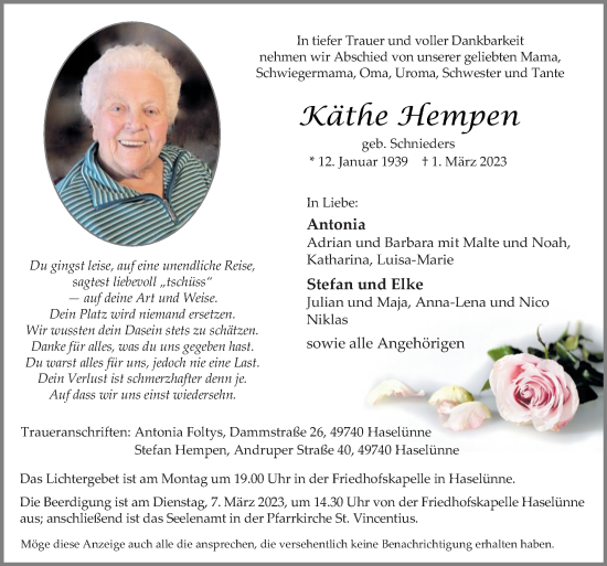 Traueranzeige von Käthe Hempen von Neue Osnabrücker Zeitung GmbH & Co. KG