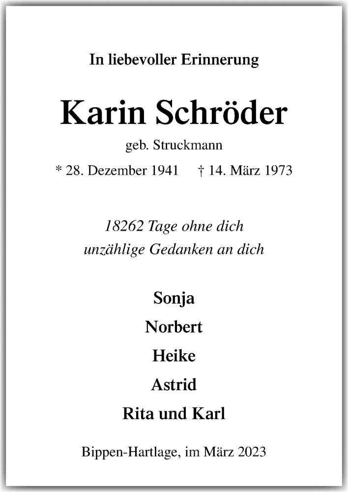  Traueranzeige für Karin Schröder vom 14.03.2023 aus Neue Osnabrücker Zeitung GmbH & Co. KG