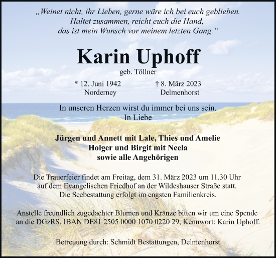 Traueranzeige von Karin Uphoff von DK Medien GmbH & Co. KG