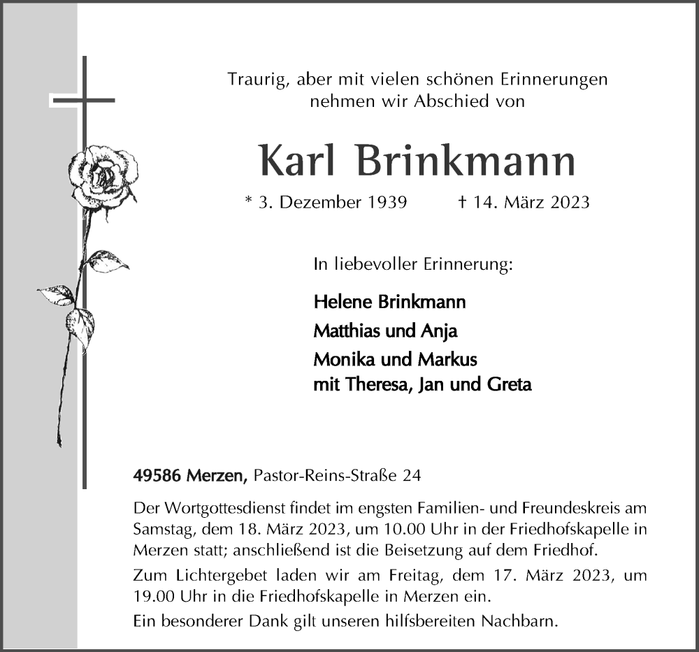  Traueranzeige für Karl Brinkmann vom 16.03.2023 aus Neue Osnabrücker Zeitung GmbH & Co. KG