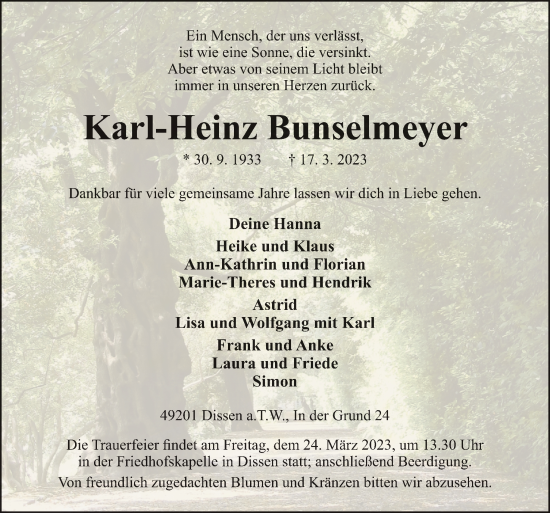 Traueranzeige von Karl-Heinz Bunselmeyer von Neue Osnabrücker Zeitung GmbH & Co. KG