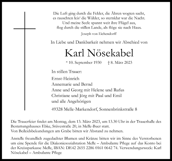 Traueranzeige von Karl Nösekabel von Neue Osnabrücker Zeitung GmbH & Co. KG