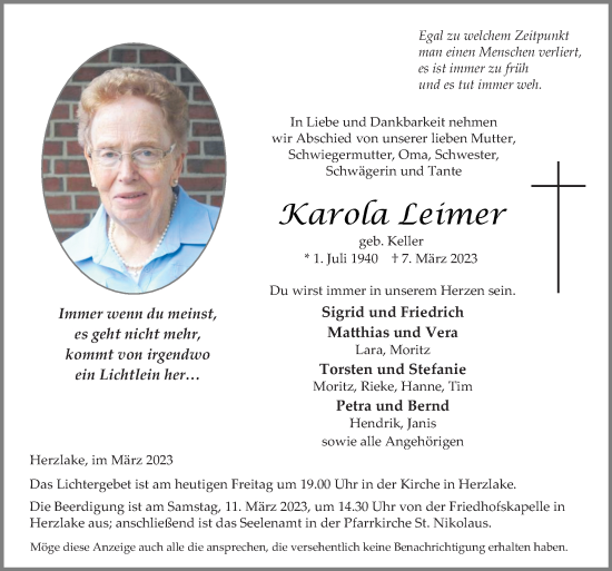 Traueranzeige von Karola Leimer von Neue Osnabrücker Zeitung GmbH & Co. KG