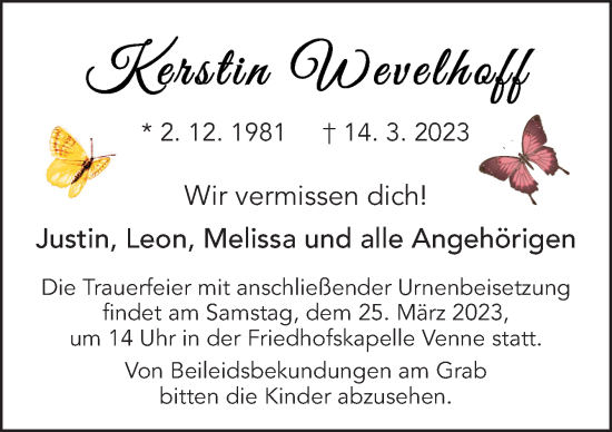 Traueranzeige von Kerstin Wevelhoff von Neue Osnabrücker Zeitung GmbH & Co. KG