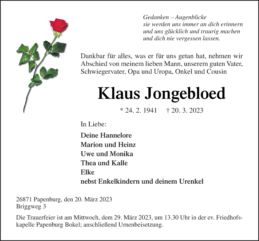  Traueranzeige für Klaus Jongebloed vom 25.03.2023 aus Neue Osnabrücker Zeitung GmbH & Co. KG