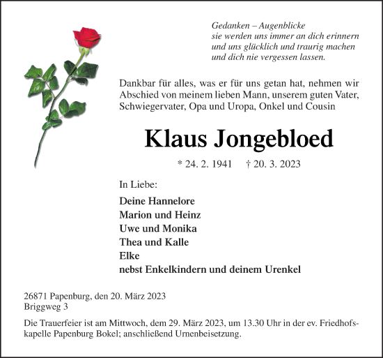 Traueranzeige von Klaus Jongebloed von Neue Osnabrücker Zeitung GmbH & Co. KG