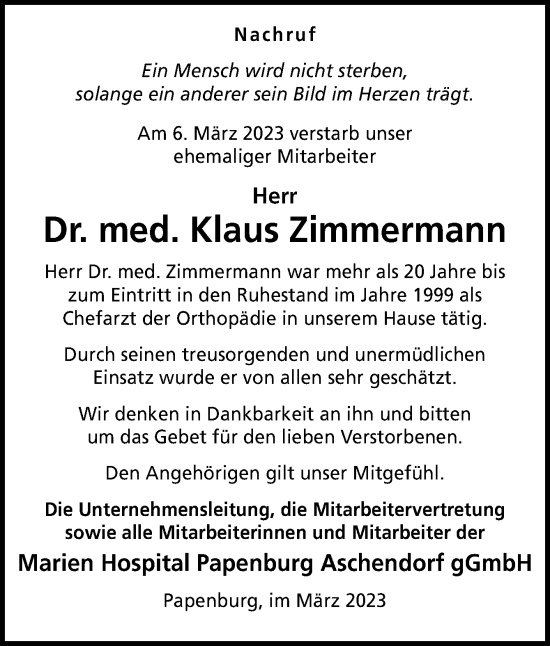 Traueranzeige von Klaus Zimmermann von Neue Osnabrücker Zeitung GmbH & Co. KG