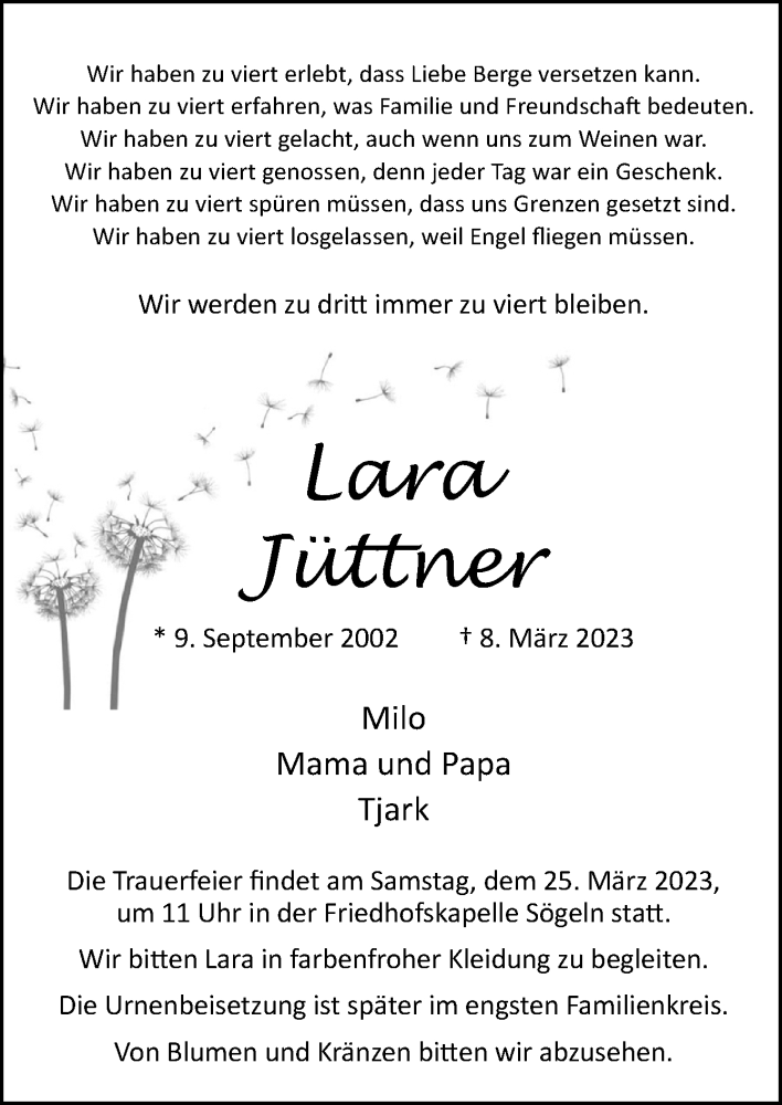  Traueranzeige für Lara Jüttner vom 18.03.2023 aus Neue Osnabrücker Zeitung GmbH & Co. KG