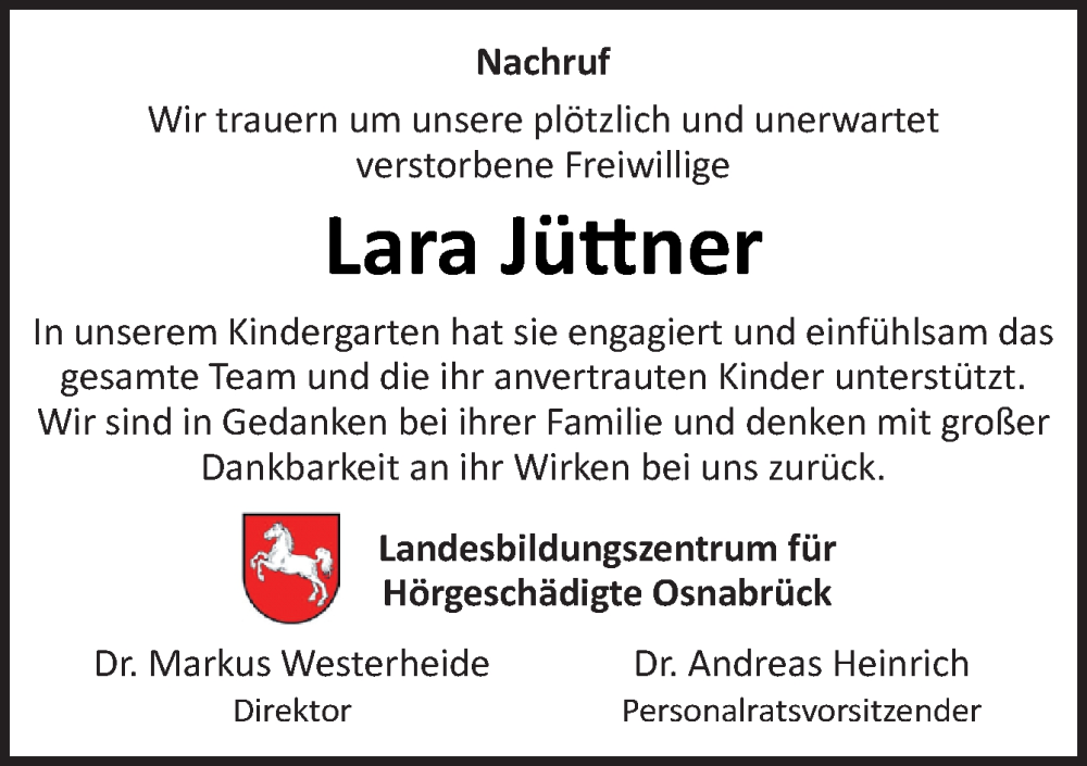 Traueranzeige für Lara Jüttner vom 25.03.2023 aus Neue Osnabrücker Zeitung GmbH & Co. KG