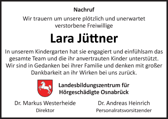 Traueranzeige von Lara Jüttner von Neue Osnabrücker Zeitung GmbH & Co. KG