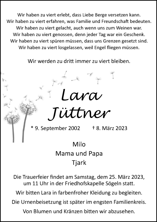 Traueranzeige von Lara Jüttner von Neue Osnabrücker Zeitung GmbH & Co. KG