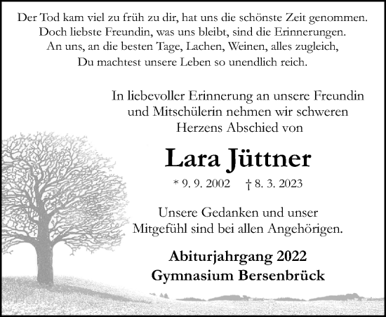 Traueranzeige von Lara Jüttner von Neue Osnabrücker Zeitung GmbH & Co. KG