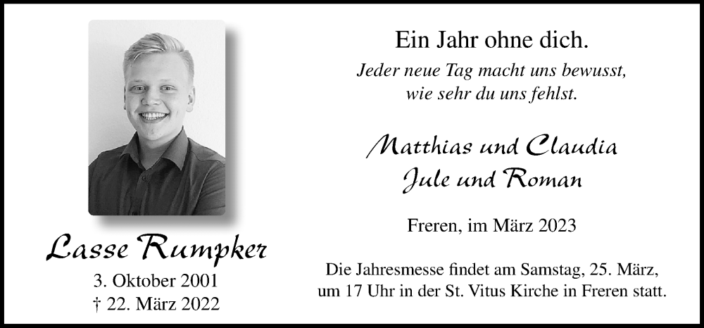  Traueranzeige für Lasse Rumpker vom 18.03.2023 aus Neue Osnabrücker Zeitung GmbH & Co. KG