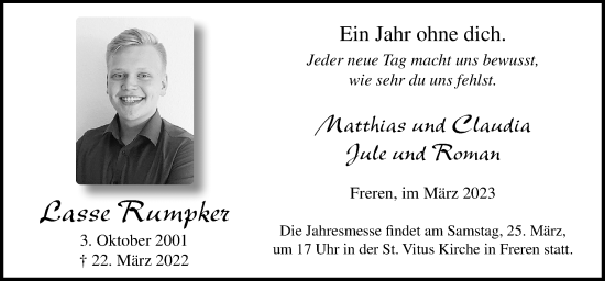 Traueranzeige von Lasse Rumpker von Neue Osnabrücker Zeitung GmbH & Co. KG