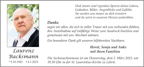 Traueranzeige von Laurenz Backsmann von Neue Osnabrücker Zeitung GmbH & Co. KG