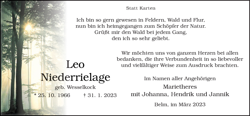  Traueranzeige für Leo Niederrielage vom 18.03.2023 aus Neue Osnabrücker Zeitung GmbH & Co. KG