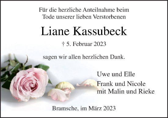Traueranzeige von Liane Kassubeck von Neue Osnabrücker Zeitung GmbH & Co. KG