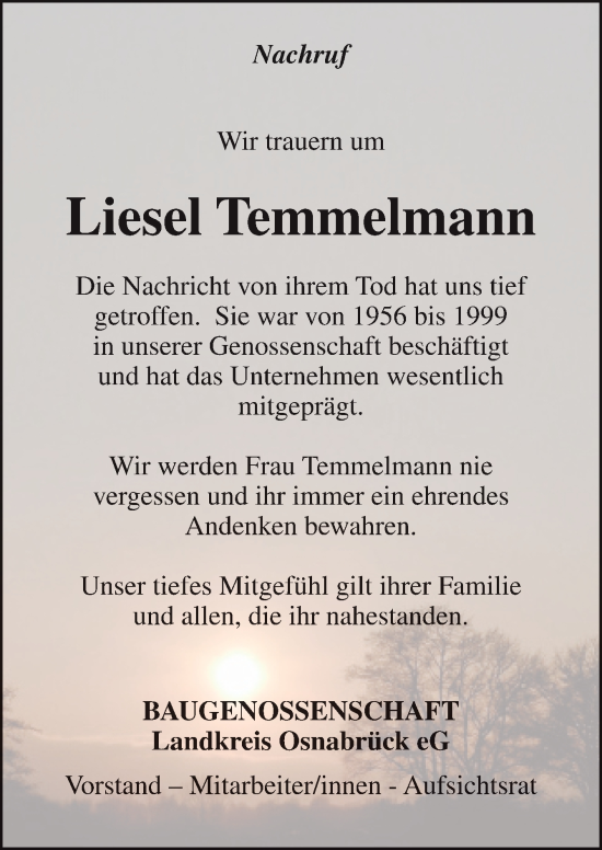 Traueranzeige von Liesel Temmelmann von Neue Osnabrücker Zeitung GmbH & Co. KG