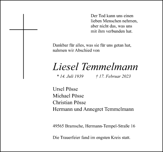 Traueranzeige von Liesel Temmelmann von Neue Osnabrücker Zeitung GmbH & Co. KG