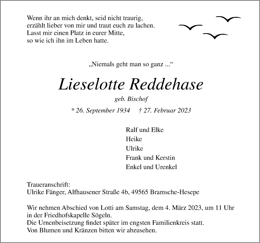  Traueranzeige für Lieselotte Reddehase vom 02.03.2023 aus Neue Osnabrücker Zeitung GmbH & Co. KG