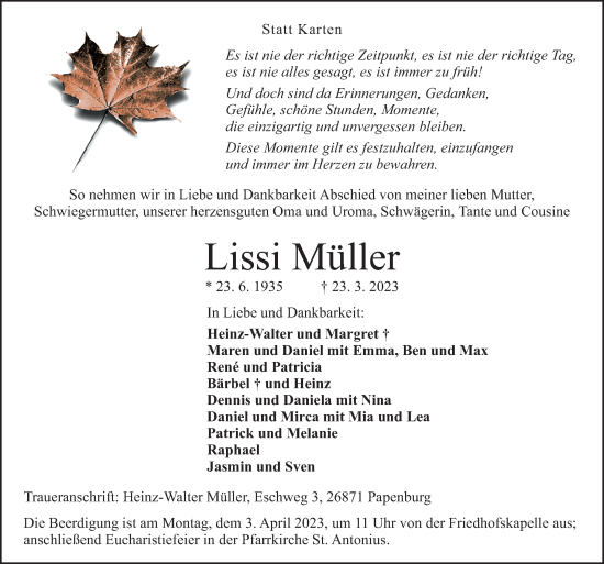 Traueranzeige von Lissi Müller von Neue Osnabrücker Zeitung GmbH & Co. KG