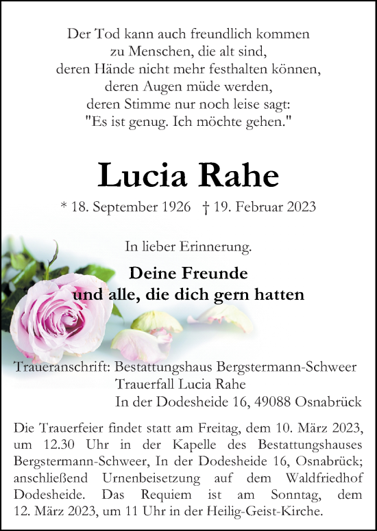 Traueranzeige von Lucia Rahe von Neue Osnabrücker Zeitung GmbH & Co. KG