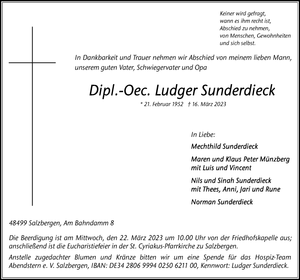  Traueranzeige für Ludger Sunderdieck vom 18.03.2023 aus Neue Osnabrücker Zeitung GmbH & Co. KG