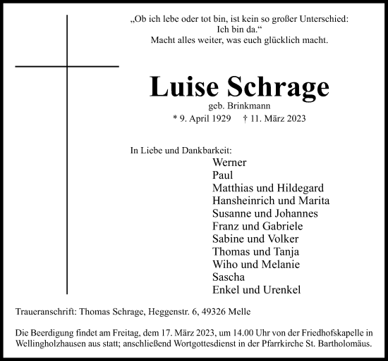 Traueranzeige von Luise Schrage von Neue Osnabrücker Zeitung GmbH & Co. KG