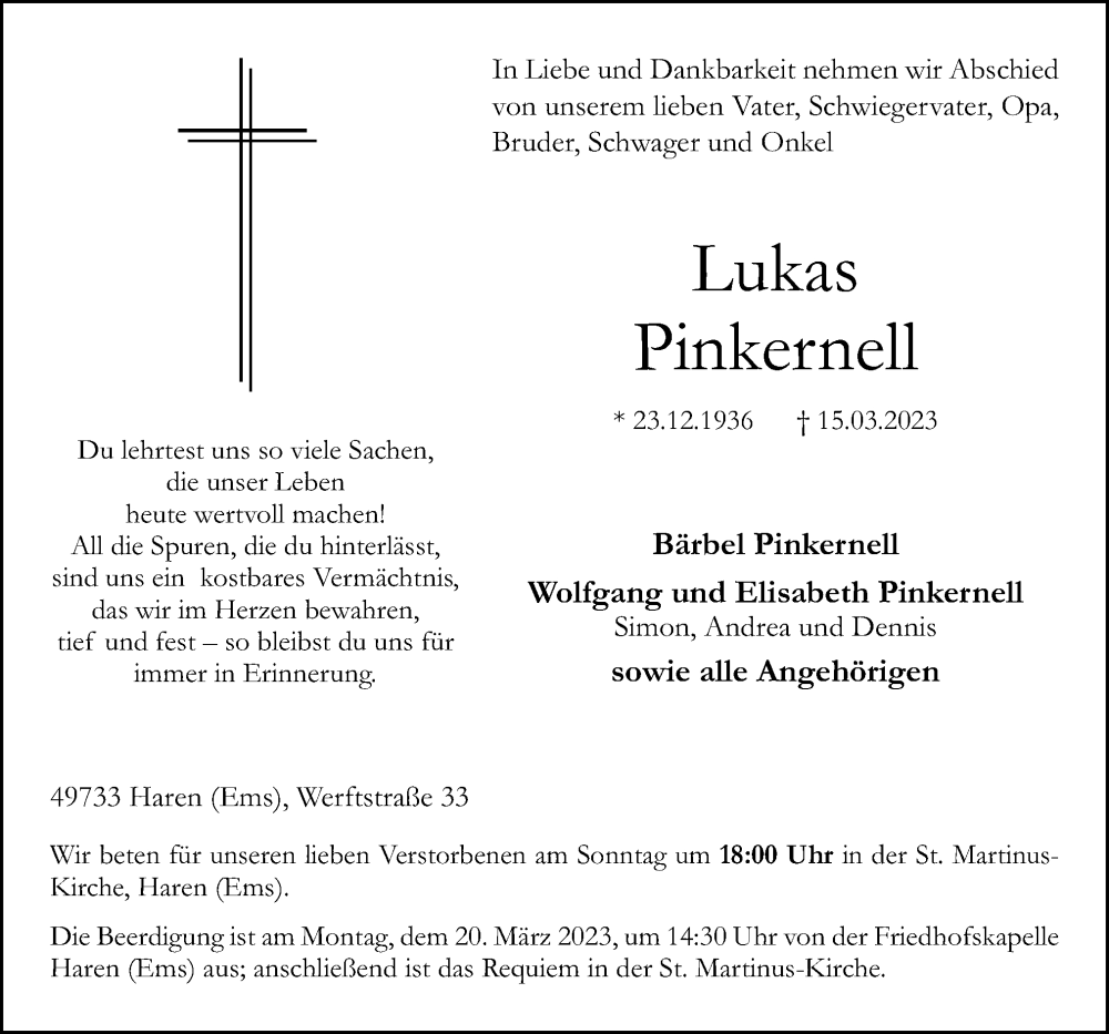  Traueranzeige für Lukas Pinkernell vom 17.03.2023 aus Neue Osnabrücker Zeitung GmbH & Co. KG