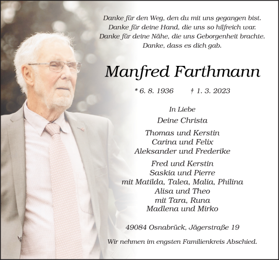Traueranzeige von Manfred Farthmann von Neue Osnabrücker Zeitung GmbH & Co. KG