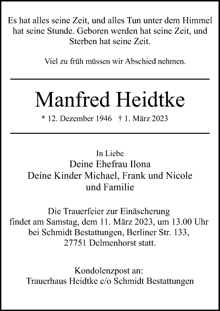  Traueranzeige für Manfred Heidtke vom 04.03.2023 aus DK Medien GmbH & Co. KG