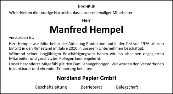 Traueranzeige von Manfred Hempel von Neue Osnabrücker Zeitung GmbH & Co. KG