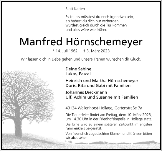 Traueranzeige von Manfred Hörnschemeyer von Neue Osnabrücker Zeitung GmbH & Co. KG