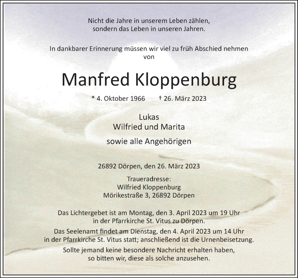  Traueranzeige für Manfred Kloppenburg vom 29.03.2023 aus Neue Osnabrücker Zeitung GmbH & Co. KG