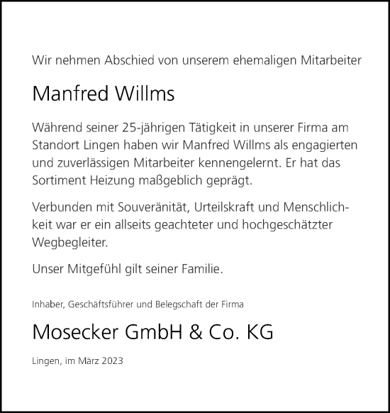 Traueranzeige von Manfred Willms von Neue Osnabrücker Zeitung GmbH & Co. KG