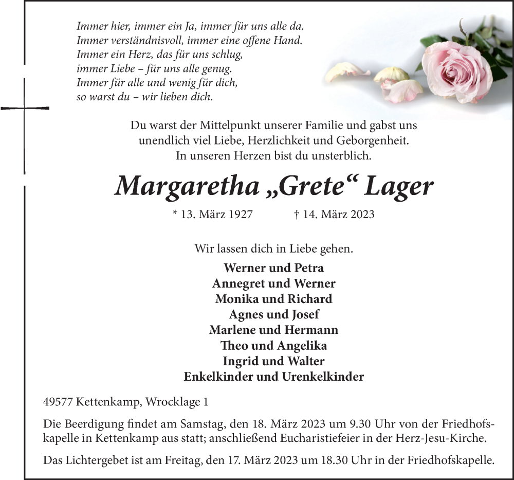  Traueranzeige für Margaretha Lager vom 16.03.2023 aus Neue Osnabrücker Zeitung GmbH & Co. KG