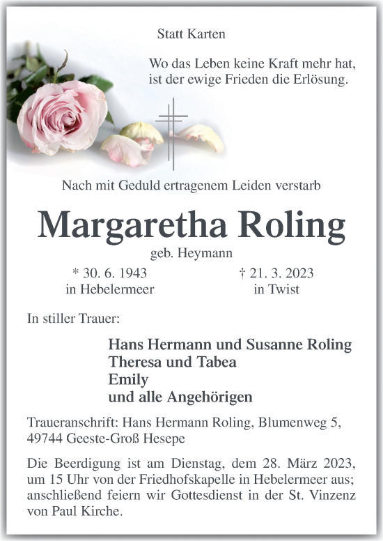 Traueranzeige von Margaretha Roling von Neue Osnabrücker Zeitung GmbH & Co. KG