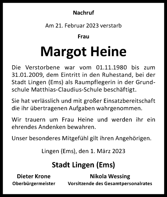 Traueranzeige von Margot Heine von Neue Osnabrücker Zeitung GmbH & Co. KG