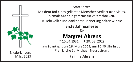 Traueranzeige von Margret Ahrens von Neue Osnabrücker Zeitung GmbH & Co. KG