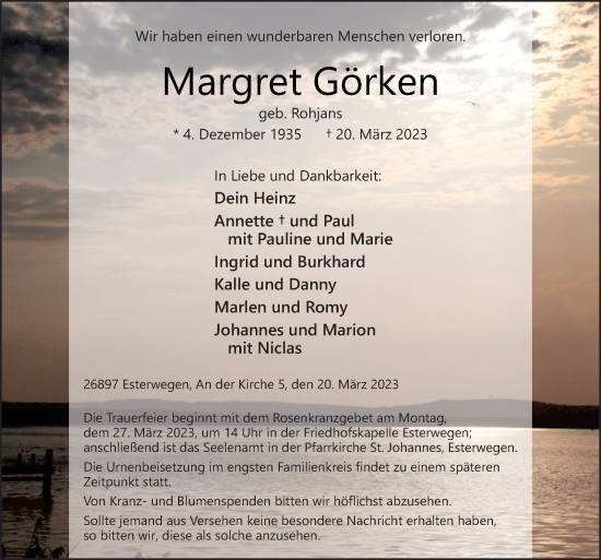 Traueranzeige von Margret Görken von Neue Osnabrücker Zeitung GmbH & Co. KG
