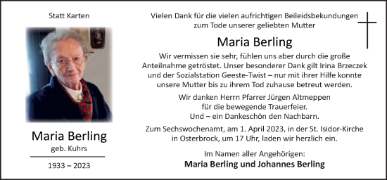 Traueranzeige von Maria Berling von Neue Osnabrücker Zeitung GmbH & Co. KG