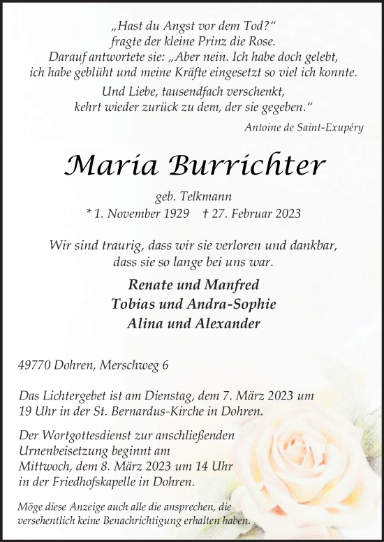 Traueranzeige von Maria Burrichter von Neue Osnabrücker Zeitung GmbH & Co. KG