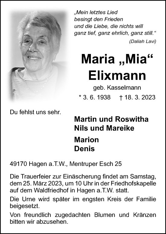 Traueranzeige von Maria Elixmann von Neue Osnabrücker Zeitung GmbH & Co. KG