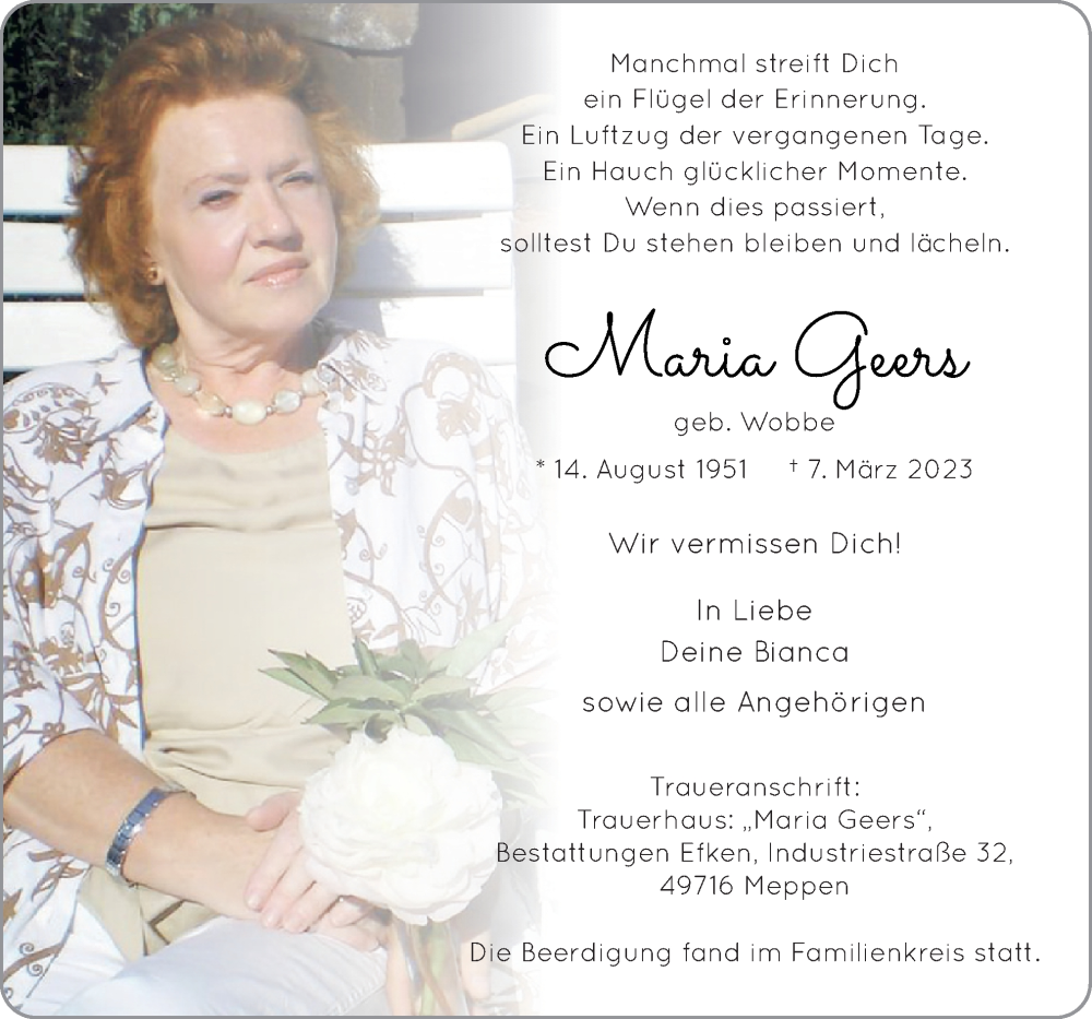  Traueranzeige für Maria Geers vom 18.03.2023 aus Neue Osnabrücker Zeitung GmbH & Co. KG