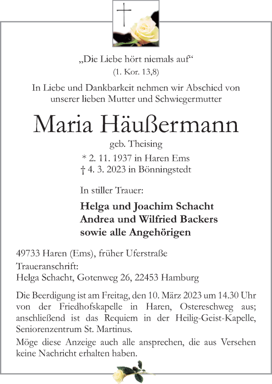Traueranzeige von Maria Häußermann von Neue Osnabrücker Zeitung GmbH & Co. KG