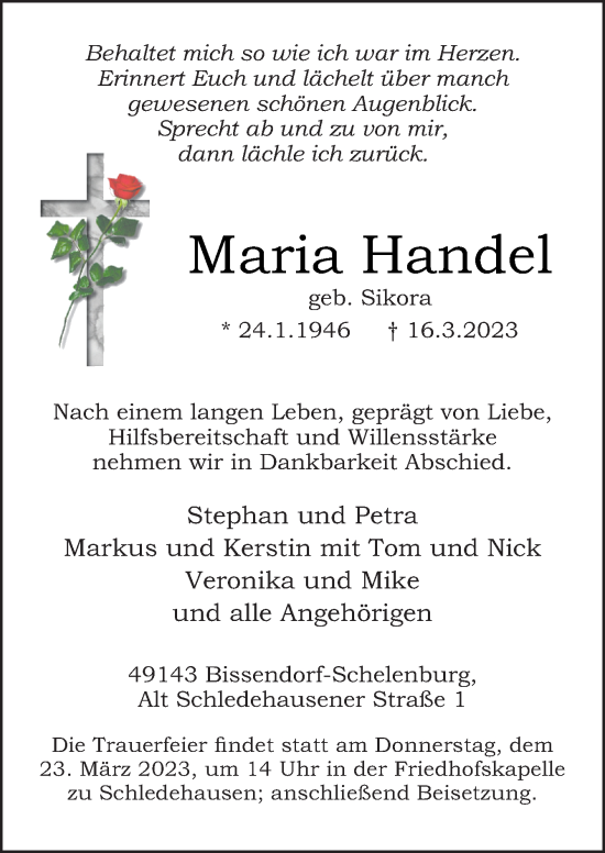 Traueranzeige von Maria Handel von Neue Osnabrücker Zeitung GmbH & Co. KG