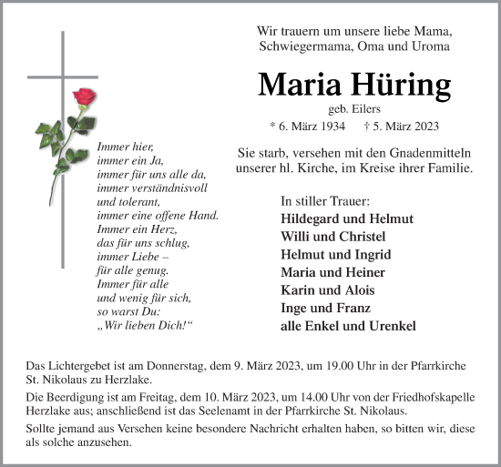 Traueranzeige von Maria Hüring von Neue Osnabrücker Zeitung GmbH & Co. KG