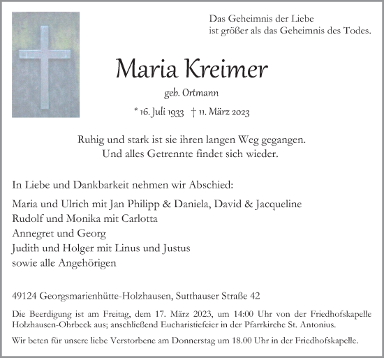 Traueranzeige von Maria Kreimer von Neue Osnabrücker Zeitung GmbH & Co. KG